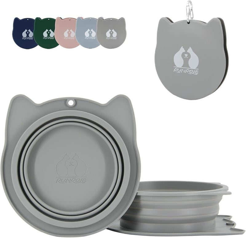 RUNROLE 2-in-1 Collapsible Silicone Dog Travel Bowls, Slot Together and Use Separately, Portable Pet Food Water Bowls, Foldable Cat Feeding Watering Dishes, 20OZ+27OZ(Cool Grey) - Image 1